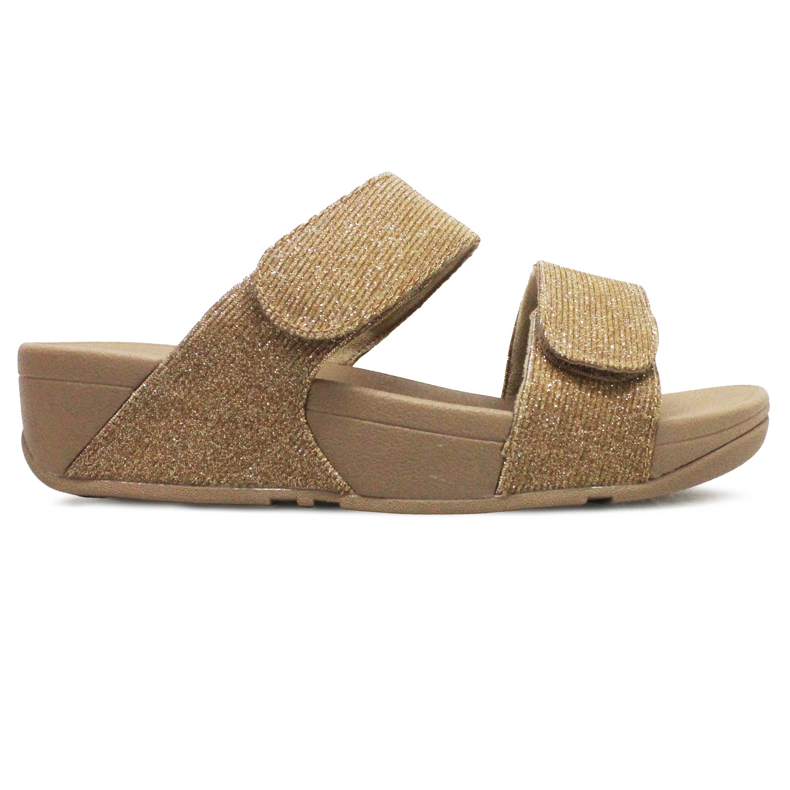 FitFlop Lulu Adjustable Shimmerlux Slides Polyester Womens Sandals#color_latte beige