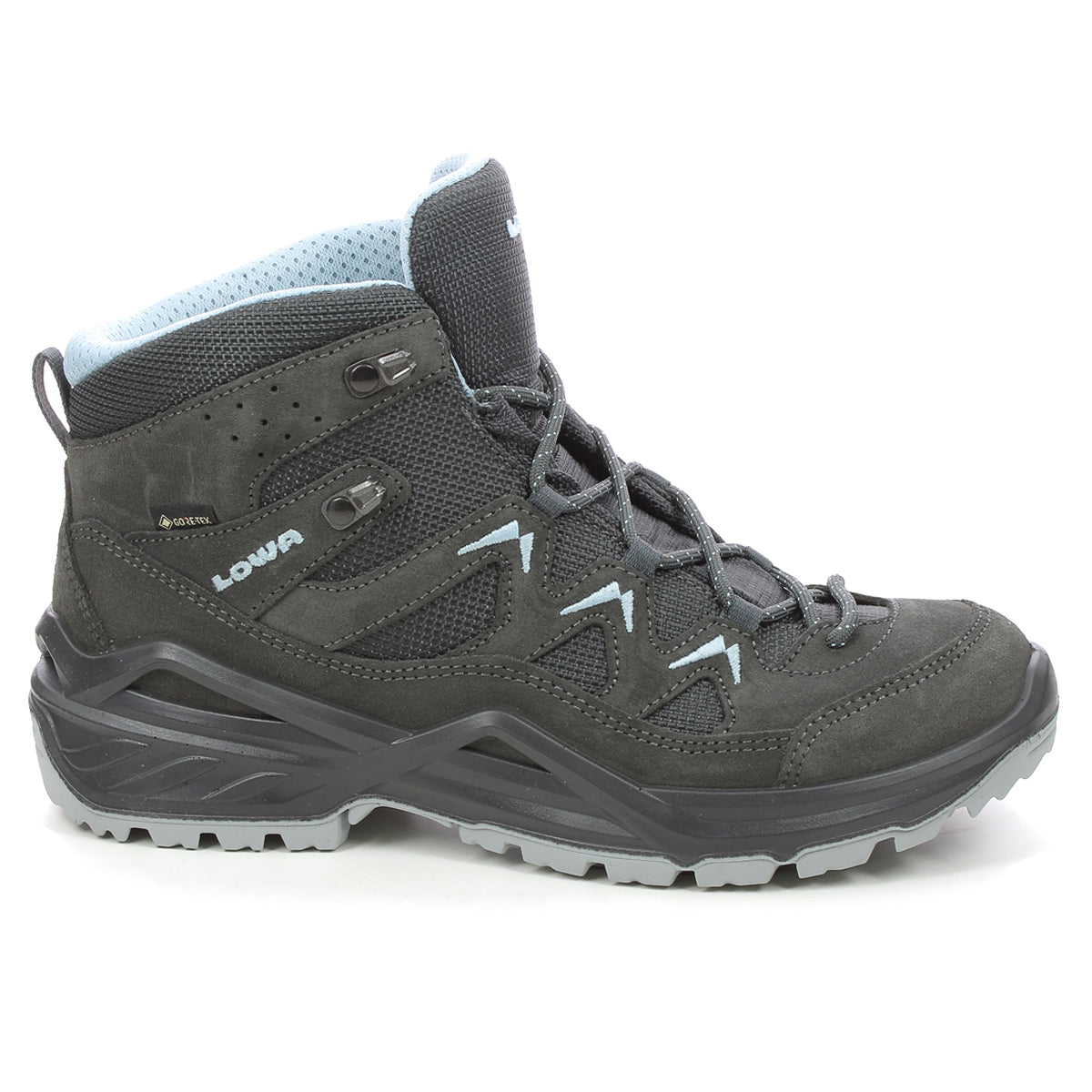 Lowa Sirkos Evo GTX Mid Suede Textile Womens Boots#color_anthracite ice blue