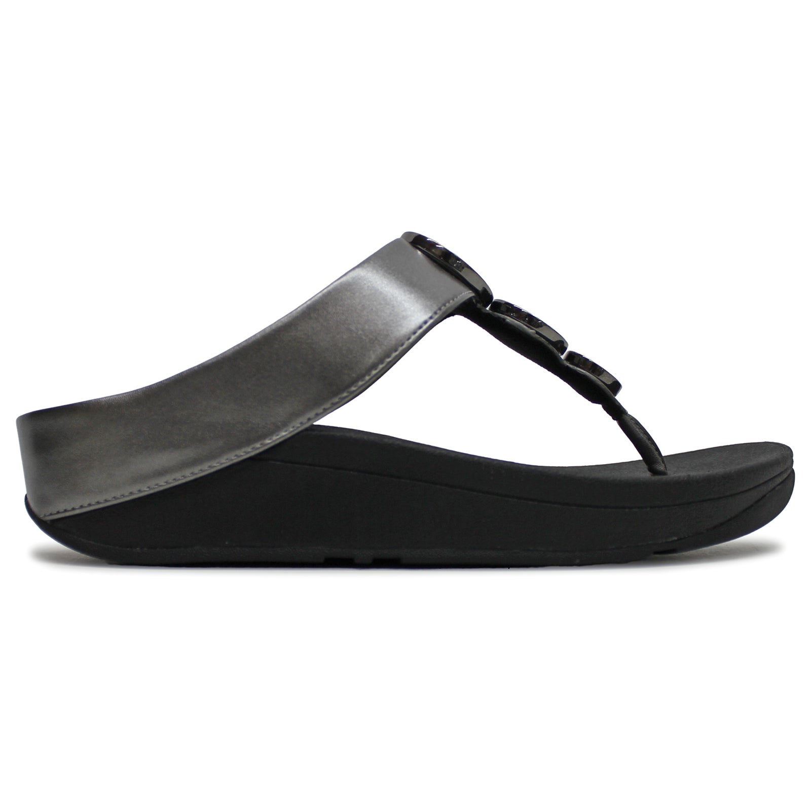 FitFlop Halo Bead Circle Metallic Toe Post Polyurethane Womens Sandals#color_pewter black