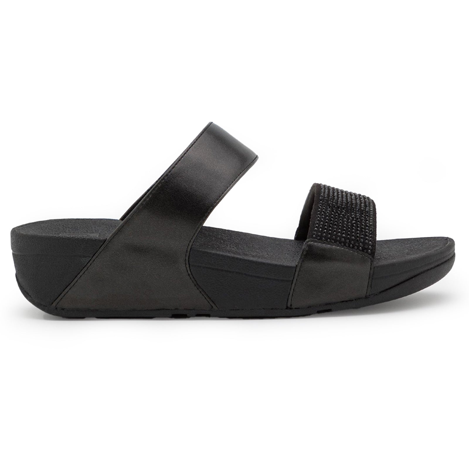 Fitflop Lulu Crystal Embellished Slides Synthetic Leather Womens Sandals#color_all black
