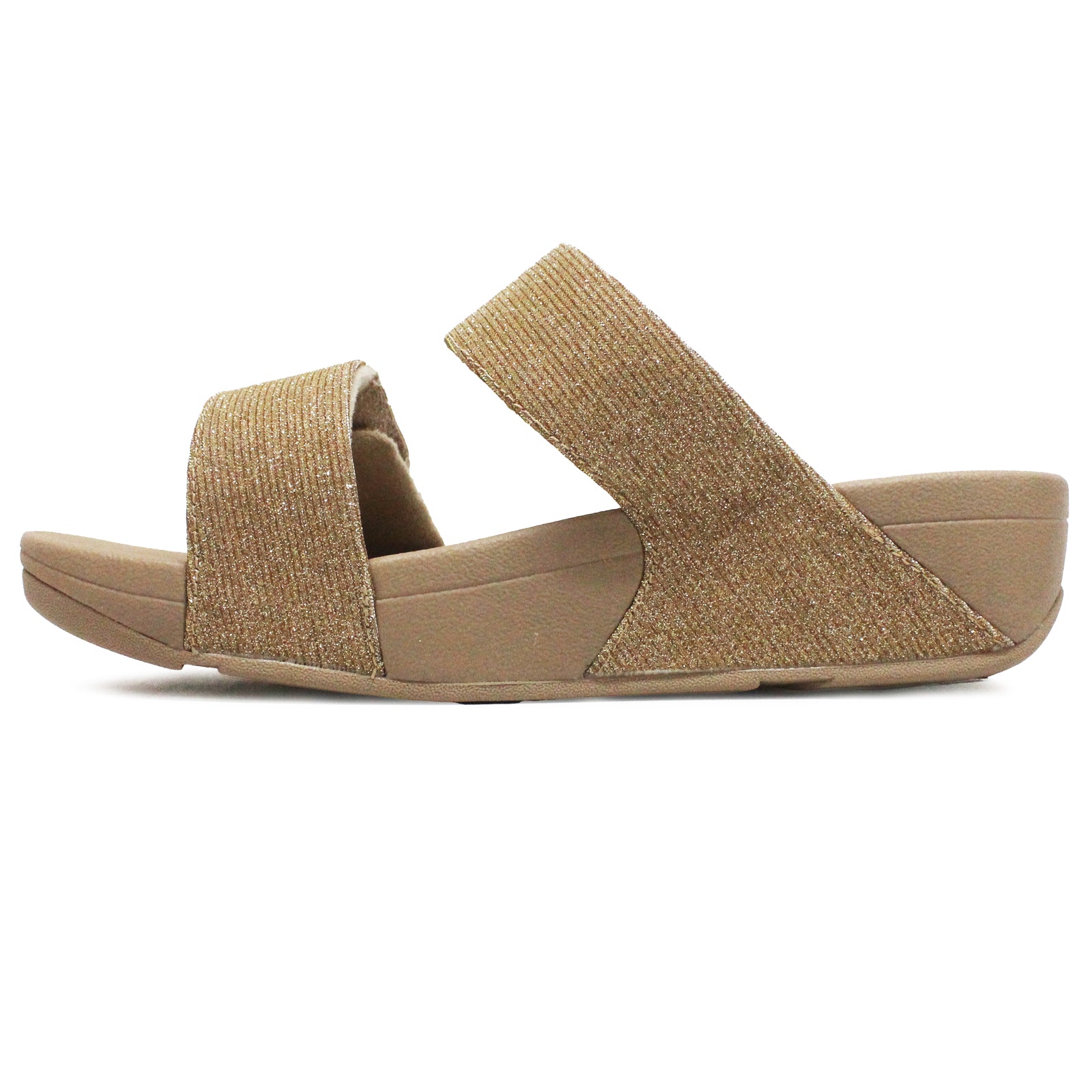 FitFlop Lulu Adjustable Shimmerlux Slides Polyester Womens Sandals#color_latte beige