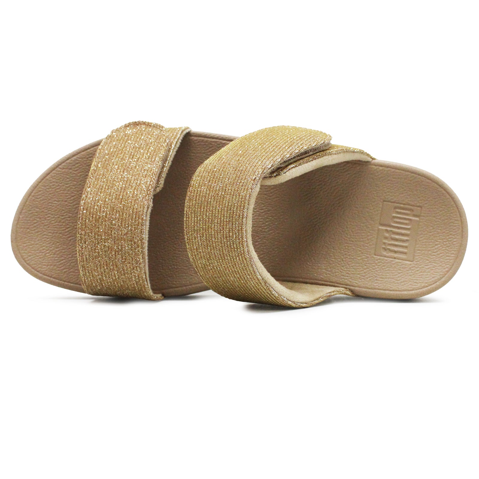 FitFlop Lulu Adjustable Shimmerlux Slides Polyester Womens Sandals#color_latte beige