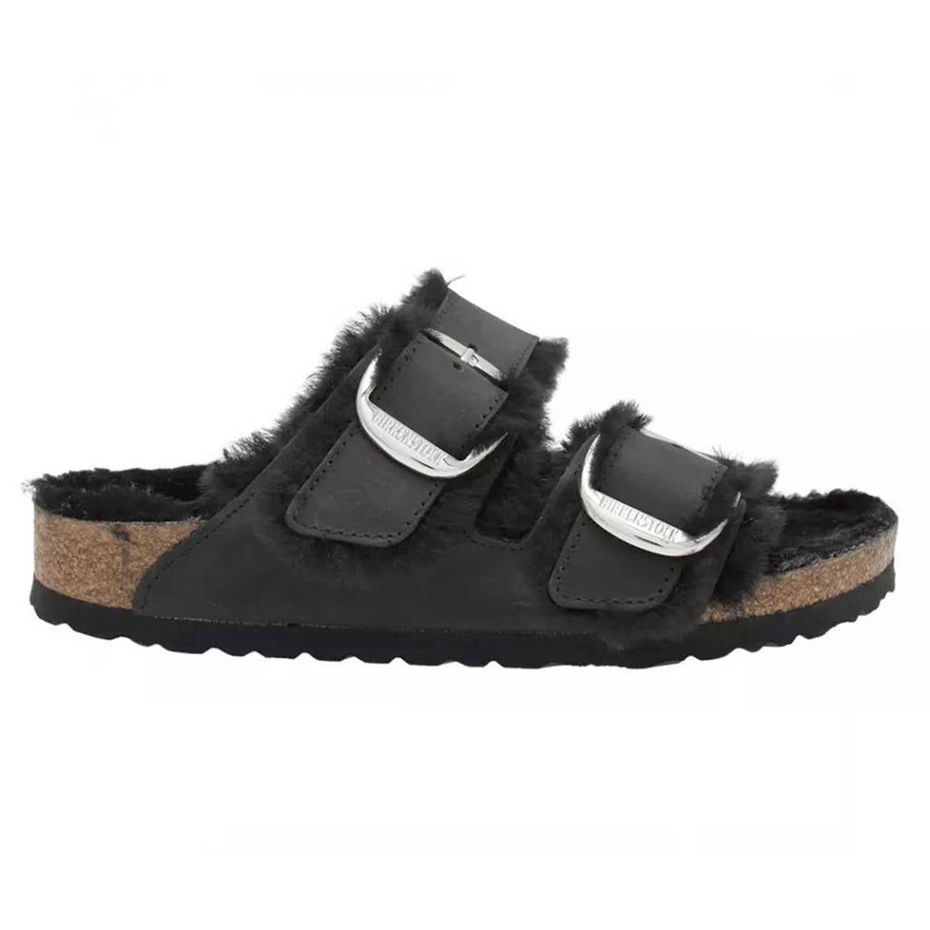 Birkenstock Arizona Big Buckle Shearling Oiled Leather Unisex Sandals#color_black