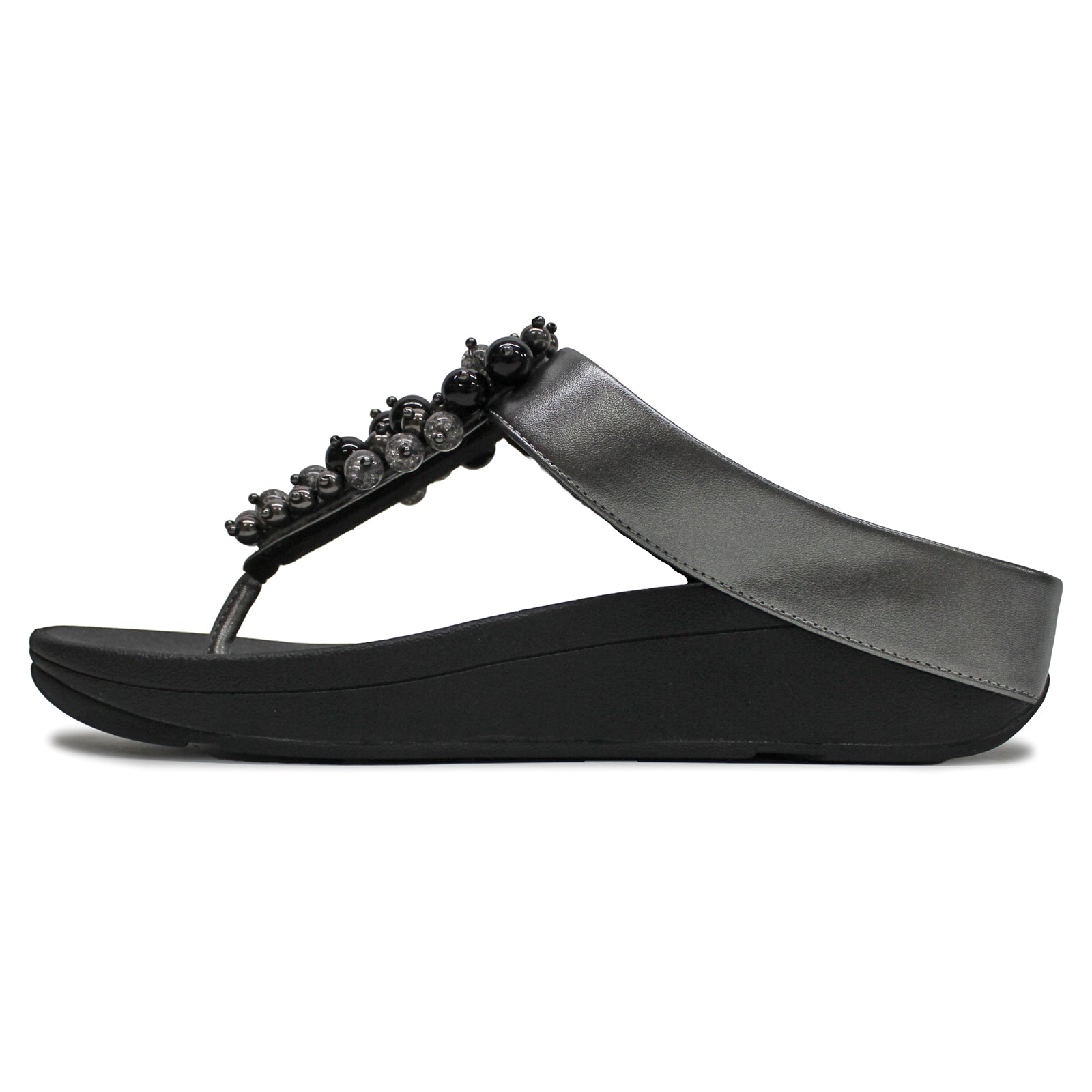 FitFlop Fino Bauble Bead Toe Post Synthetic Leather Womens Sandals#color_pewter black