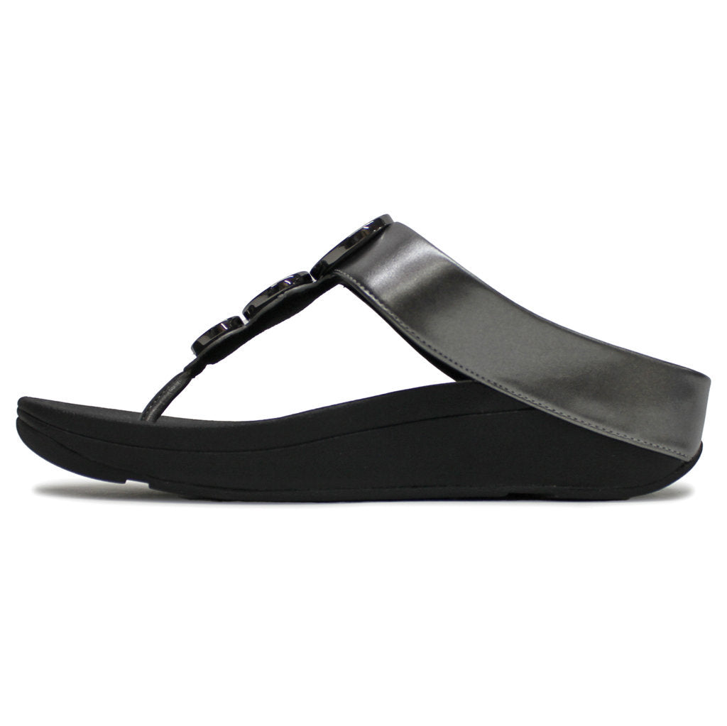 FitFlop Halo Bead Circle Metallic Toe Post Leather Womens Sandals#color_pewter black